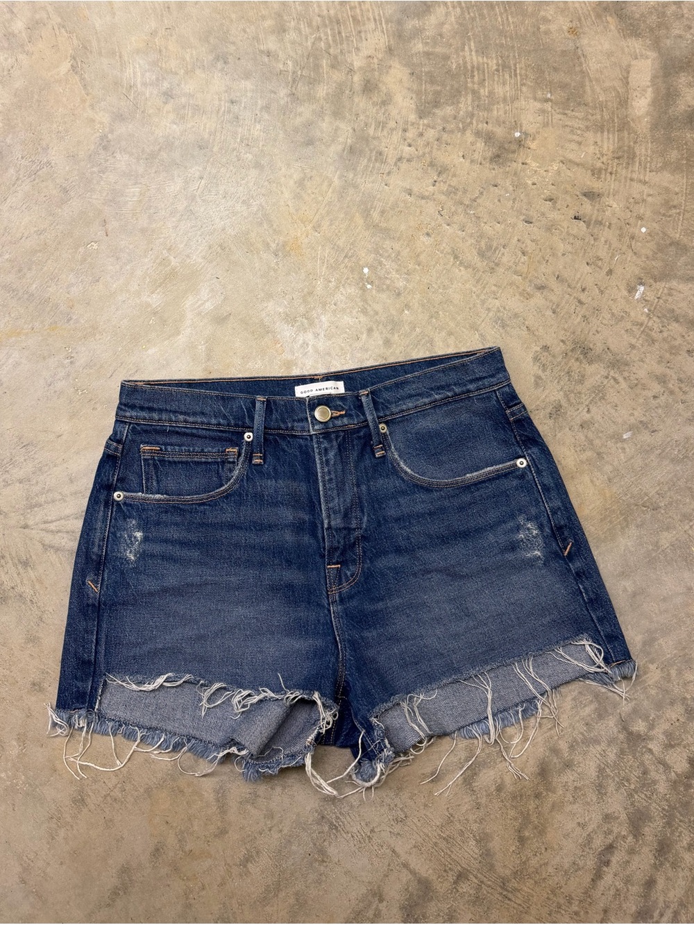 Good American Dark Blue Distressed Denim Cutoff Shorts